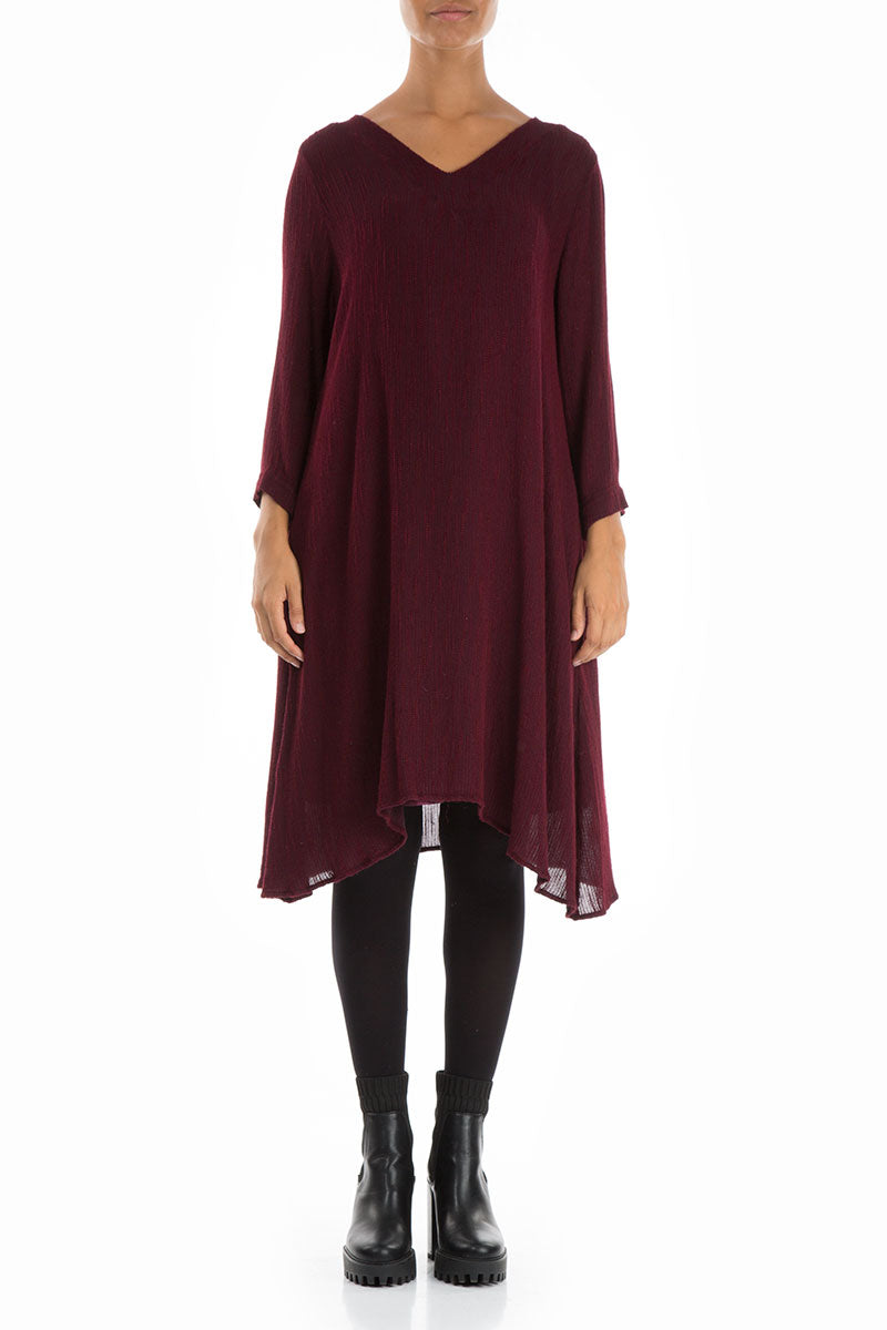 Flared V-Neck Wine Silk Dress