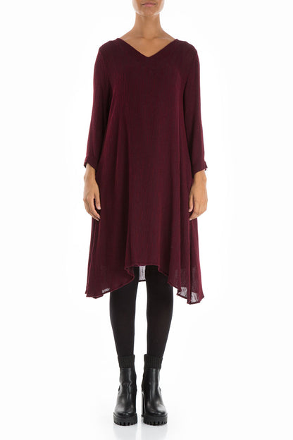 Flared V-Neck Wine Silk Dress