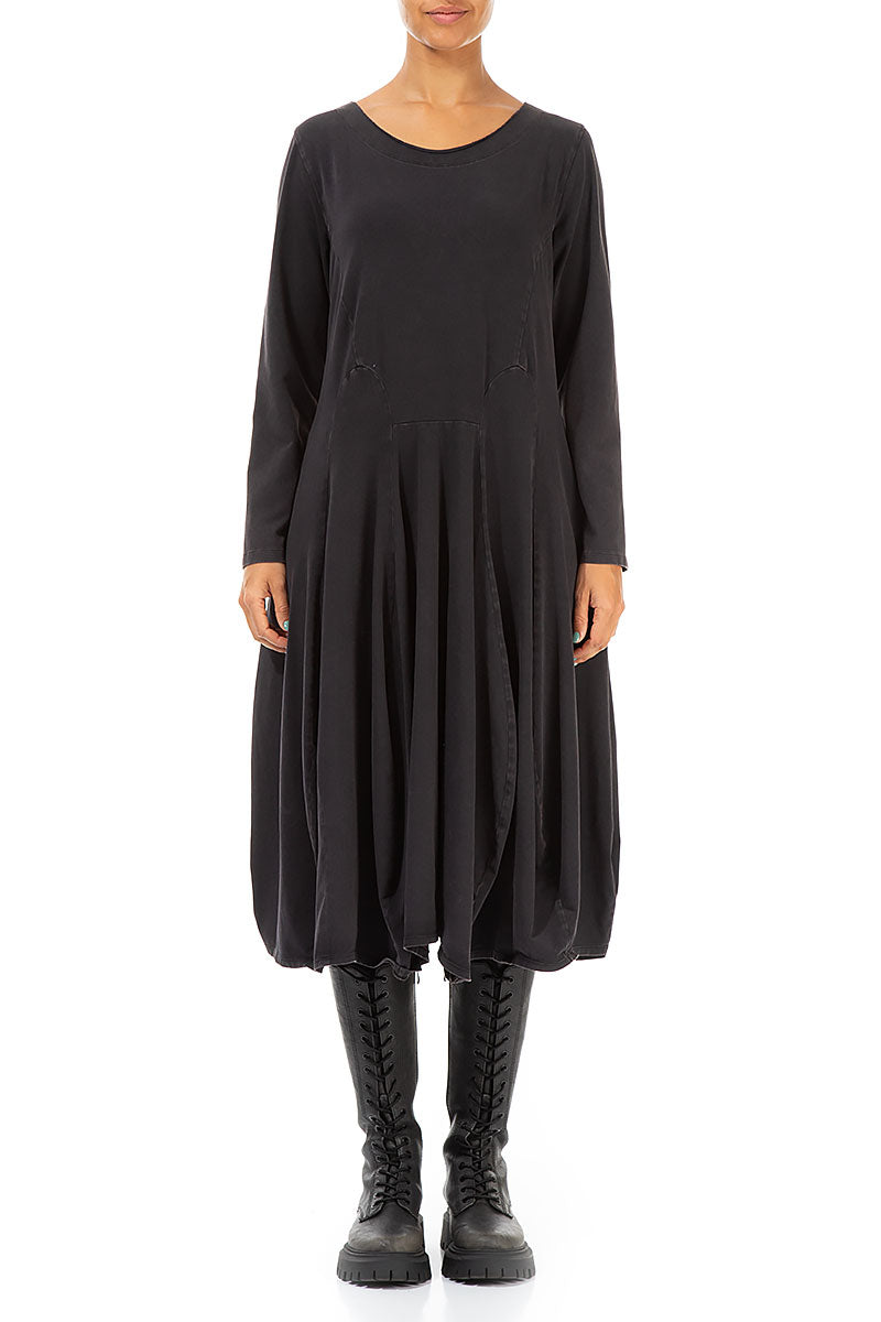 Flared Washed Out Off Black Jersey Cotton Dress