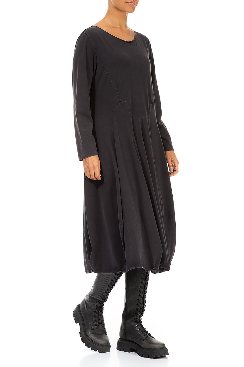 Flared Washed Out Off Black Jersey Cotton Dress