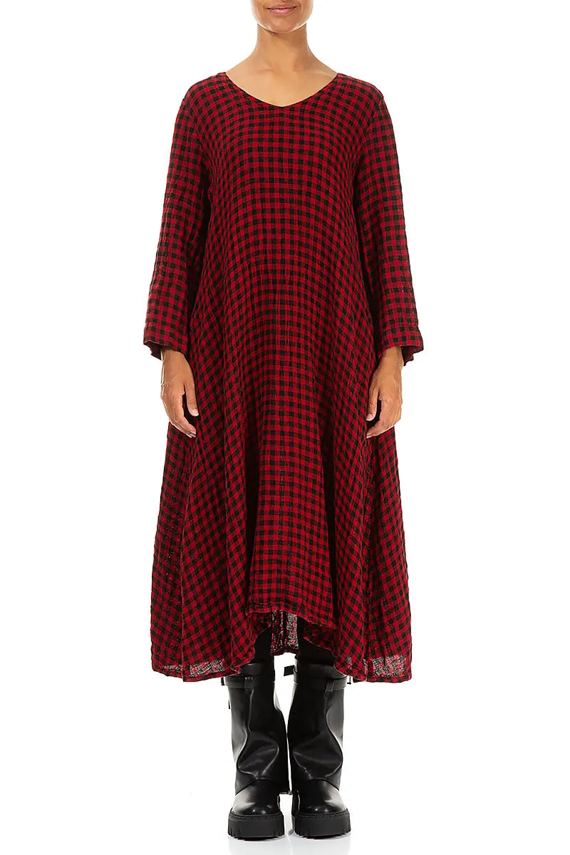 Floaty Red Check Linen Midi Dress 2