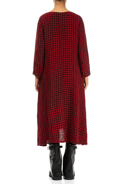 Floaty Red Check Linen Midi Dress 3