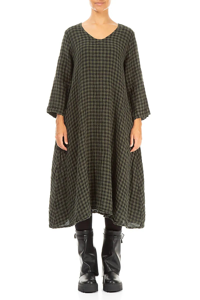 Floaty Forest Mist Check Linen Midi Dress 1