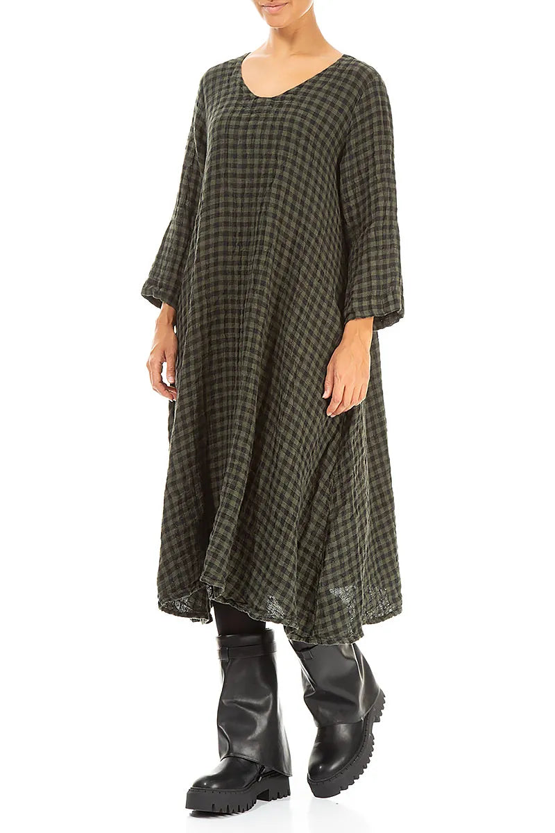 Floaty Forest Mist Check Linen Midi Dress 3