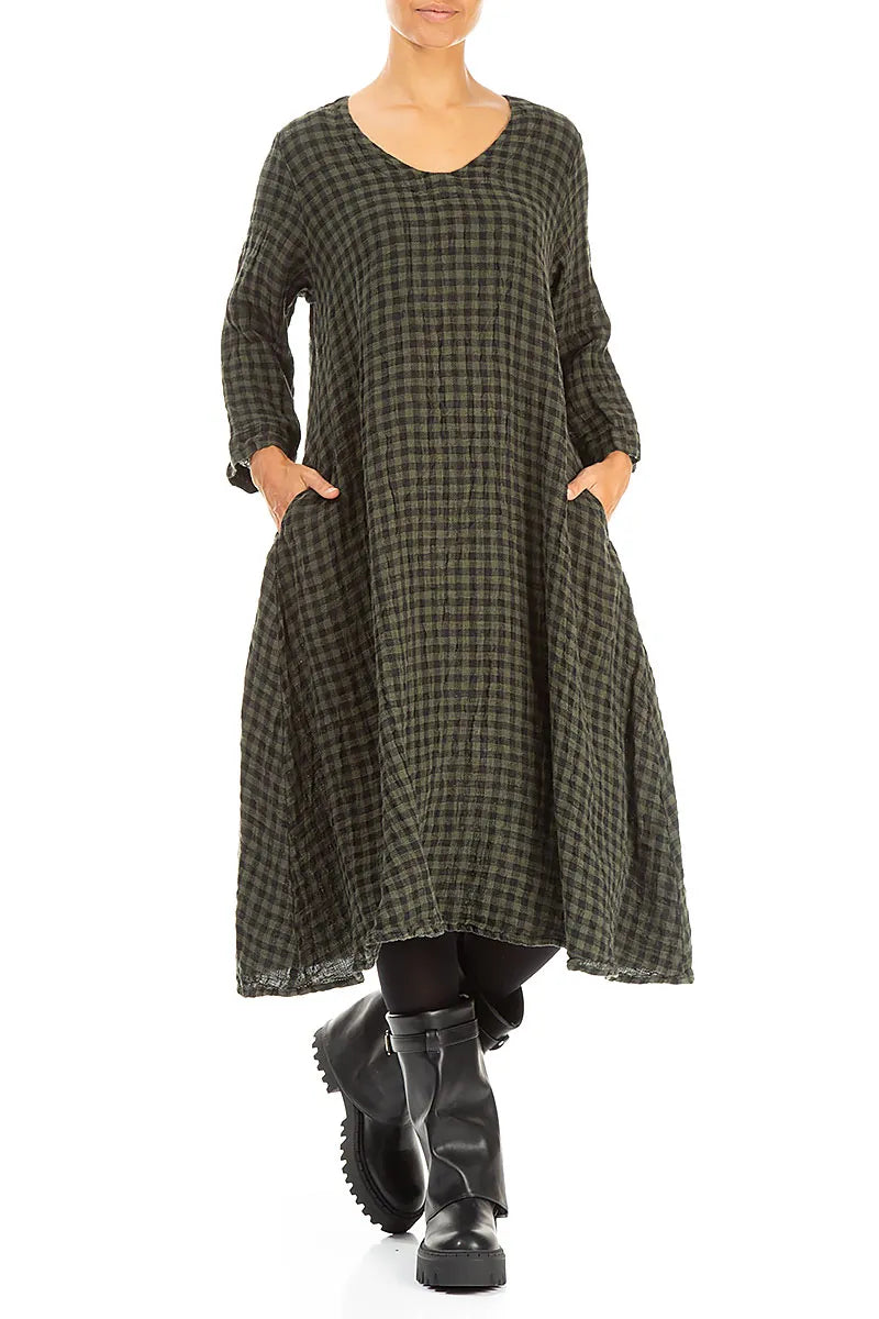 Floaty Forest Mist Check Linen Midi Dress 4