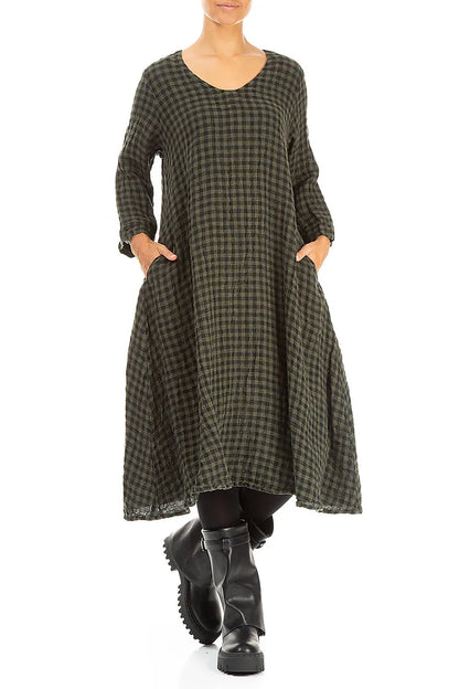 Floaty Forest Mist Check Linen Midi Dress 4