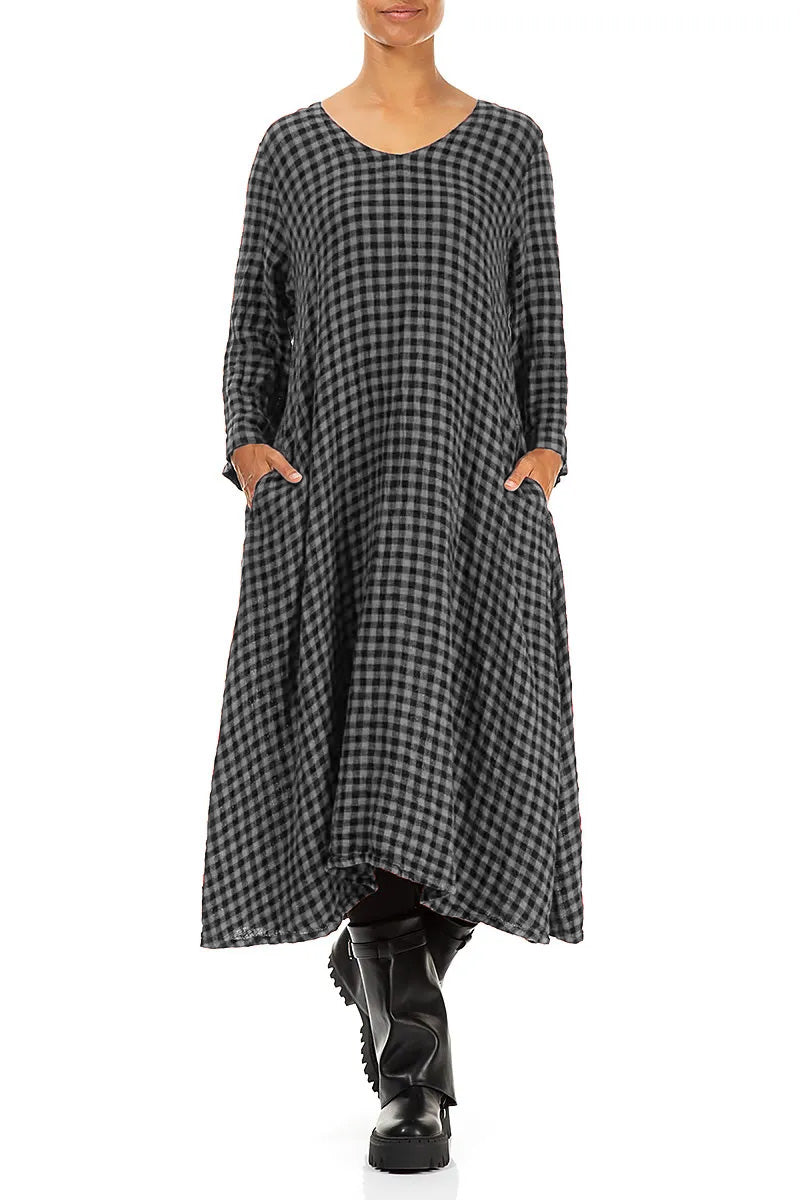 Floaty Grey Check Linen Midi Dress 4