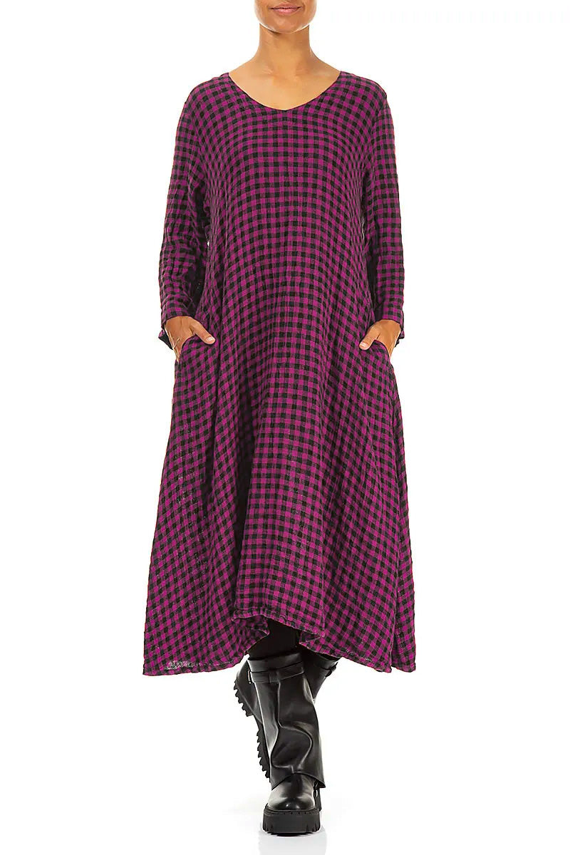 Floaty Magenta Check Linen Midi Dress 4