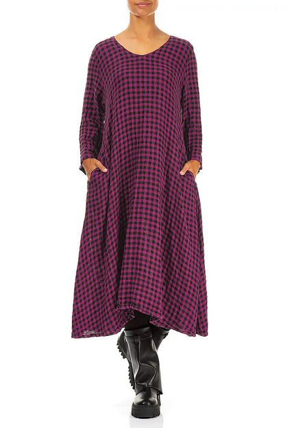 Floaty Magenta Check Linen Midi Dress 4