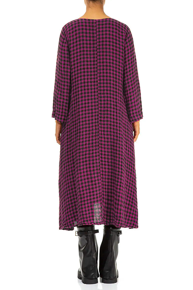 Floaty Magenta Check Linen Midi Dress 2