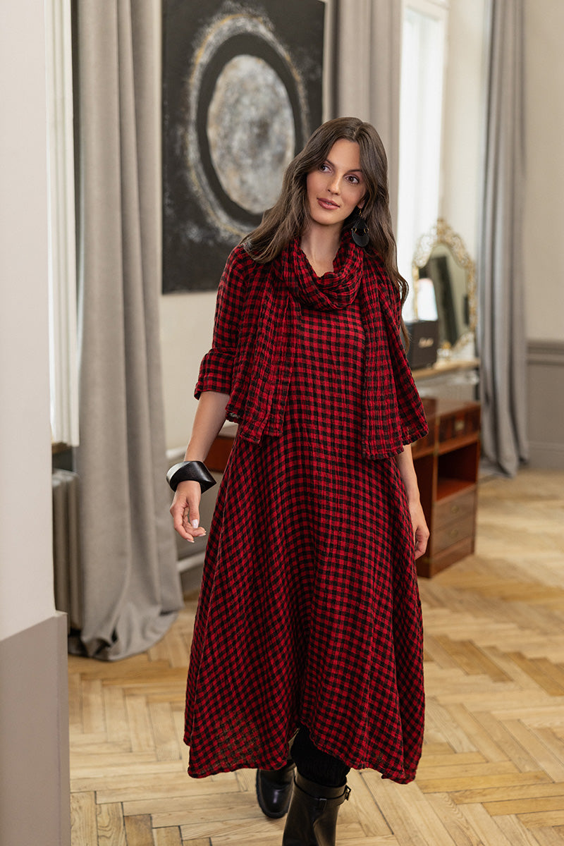 Floaty Red Check Linen Midi Dress 1