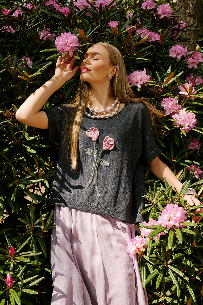 Floral Detail Graphite Linen Knit Blouse 1