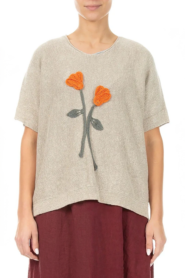 Floral Detail Natural Linen Knit Blouse 1