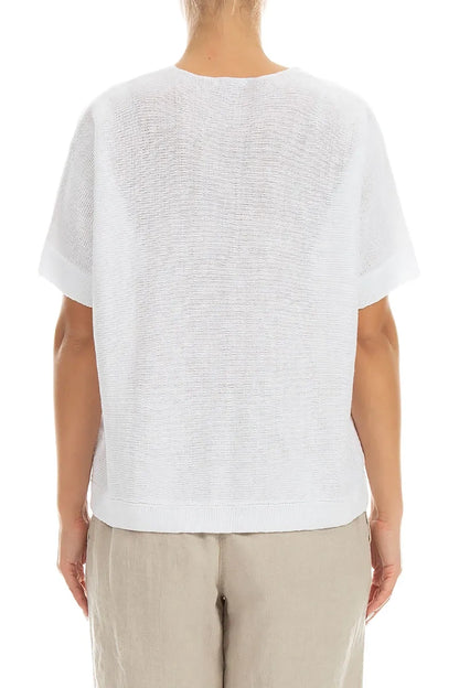 Floral Detail White Linen Knit Blouse 2