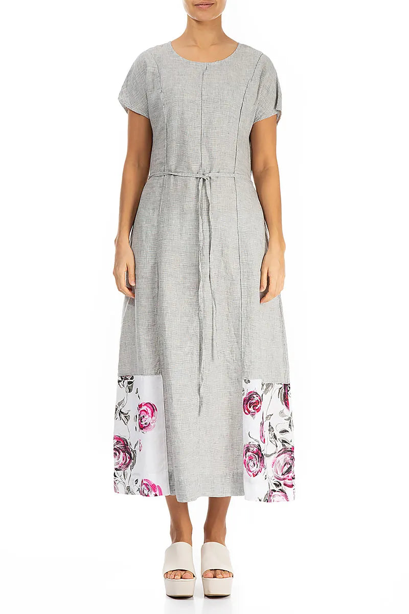 Floral Hem Grey Check Linen Dress 1
