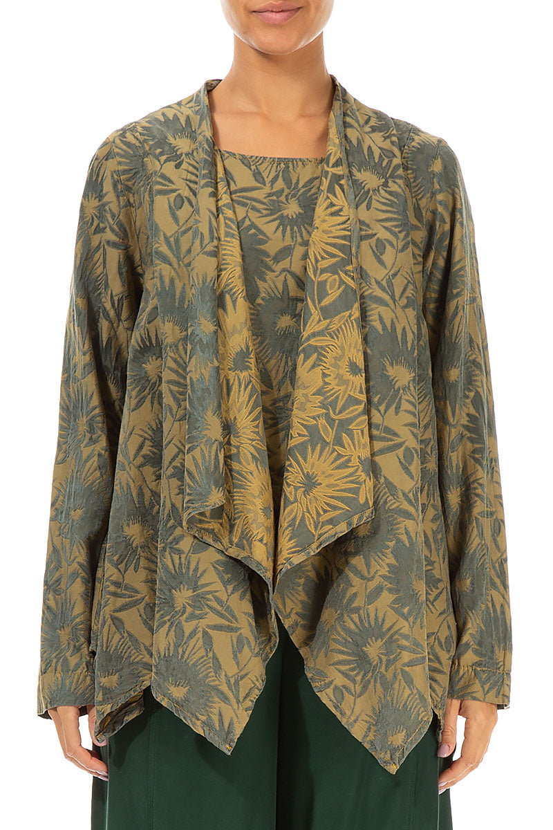 Floral Olive Yellow Silk Cotton Jacket - Blouse