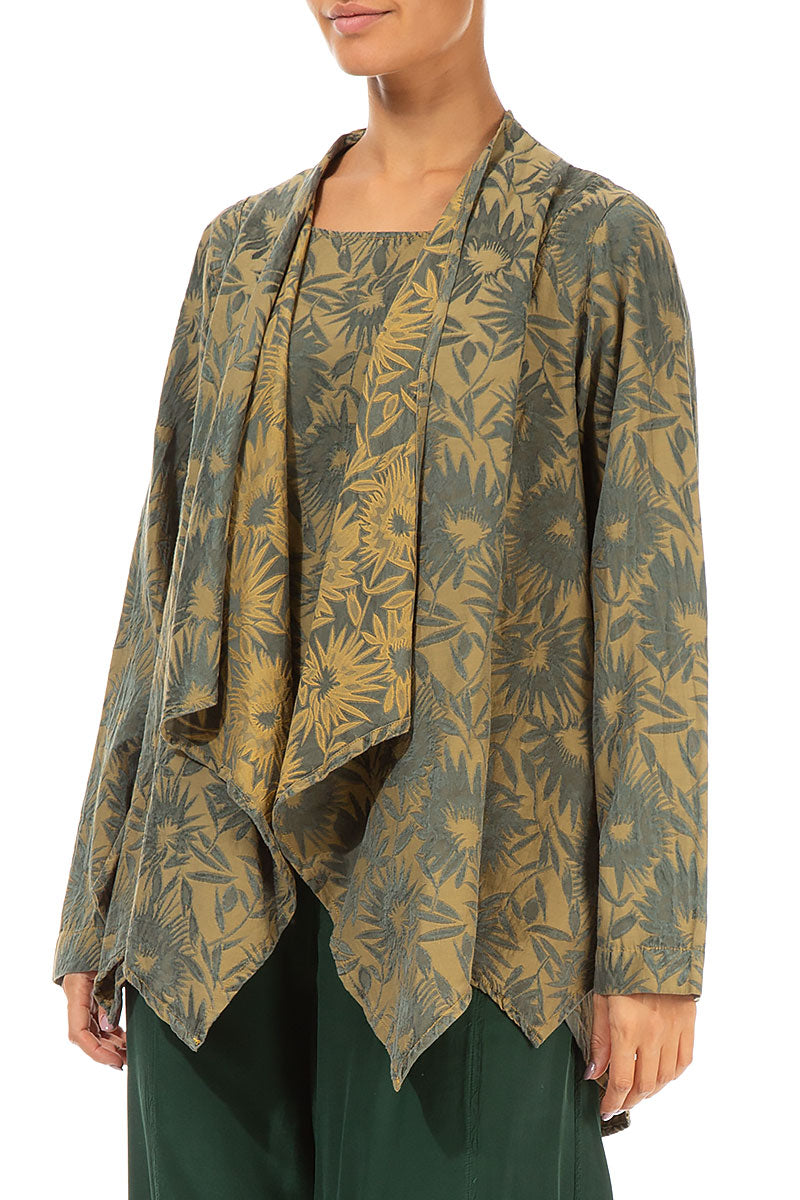 Floral Olive Yellow Silk Cotton Jacket - Blouse