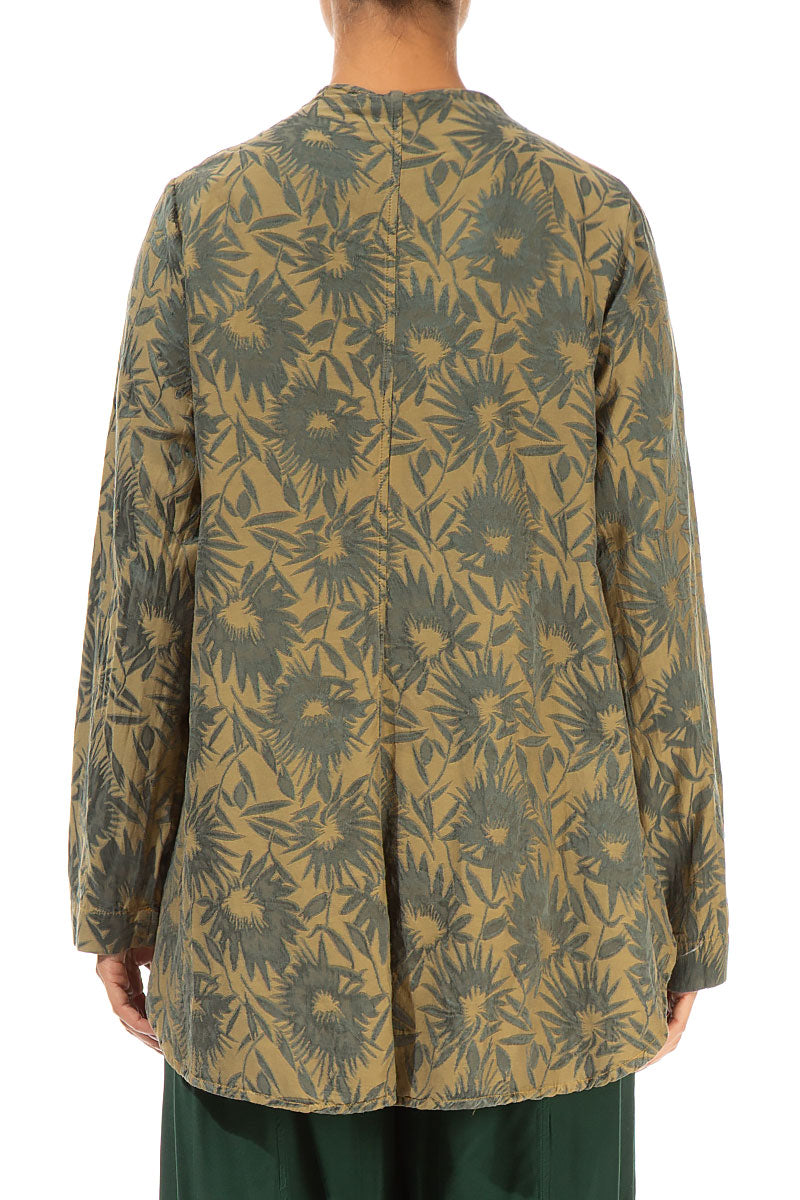 Floral Olive Yellow Silk Cotton Jacket - Blouse