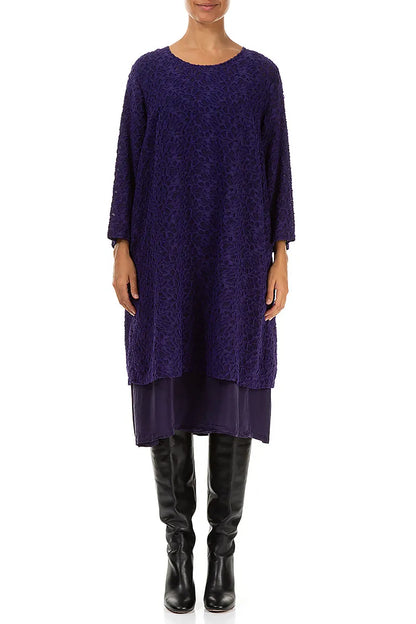 Floral Texture Layered Royal Purple Silk Dress 1