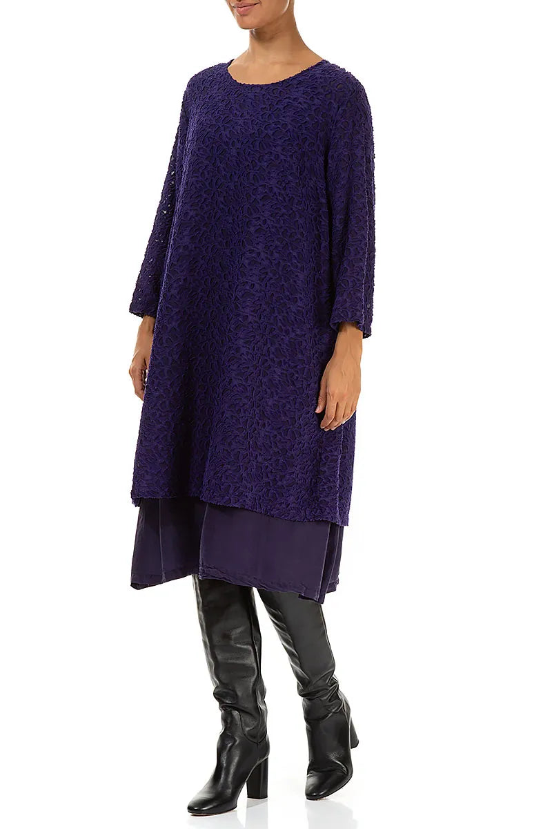 Floral Texture Layered Royal Purple Silk Dress 3
