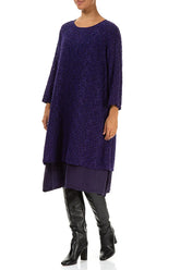 Floral Texture Layered Royal Purple Silk Dress 3