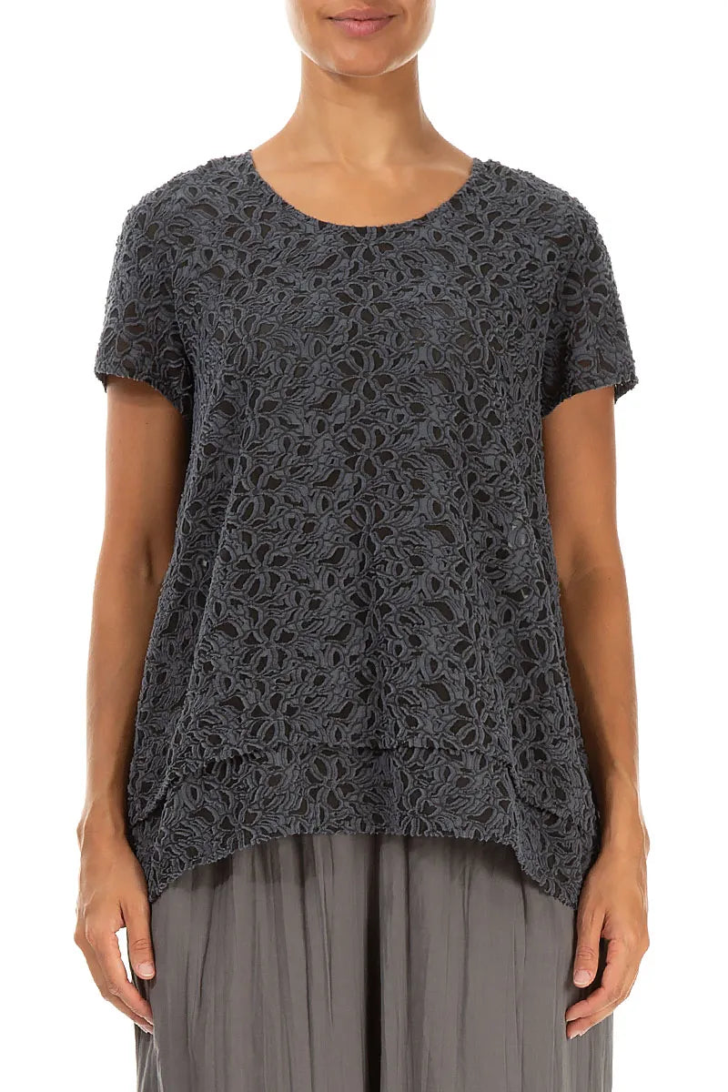 Floral Texture Slate Blue Silk Blouse 1