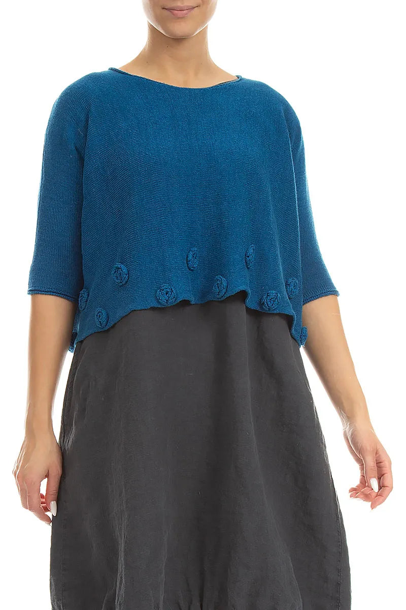 Leinenpullover mit Blumenmuster in Kobaltblau