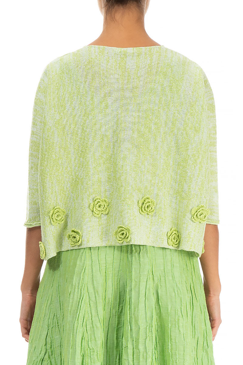 Flowers Decorated Mélange Lime Linen Jumper