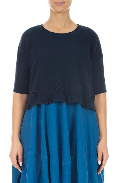 Marineblauer Leinenpullover mit Blumenmuster