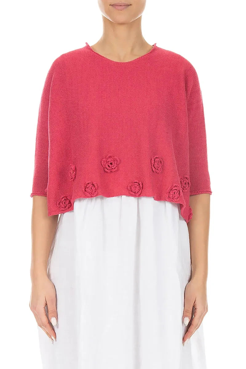 Flowers Decorated Raspberry Linen Jumper 1