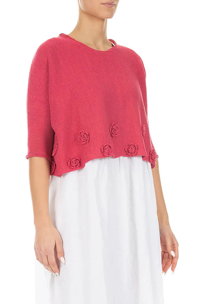 Flowers Decorated Raspberry Linen Jumper 3