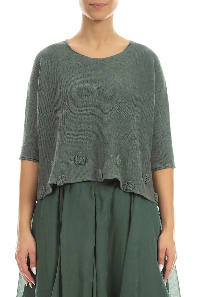 Pull en lin sauge décoré de fleurs