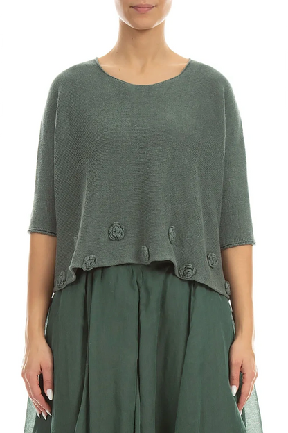 Pull en lin sauge décoré de fleurs