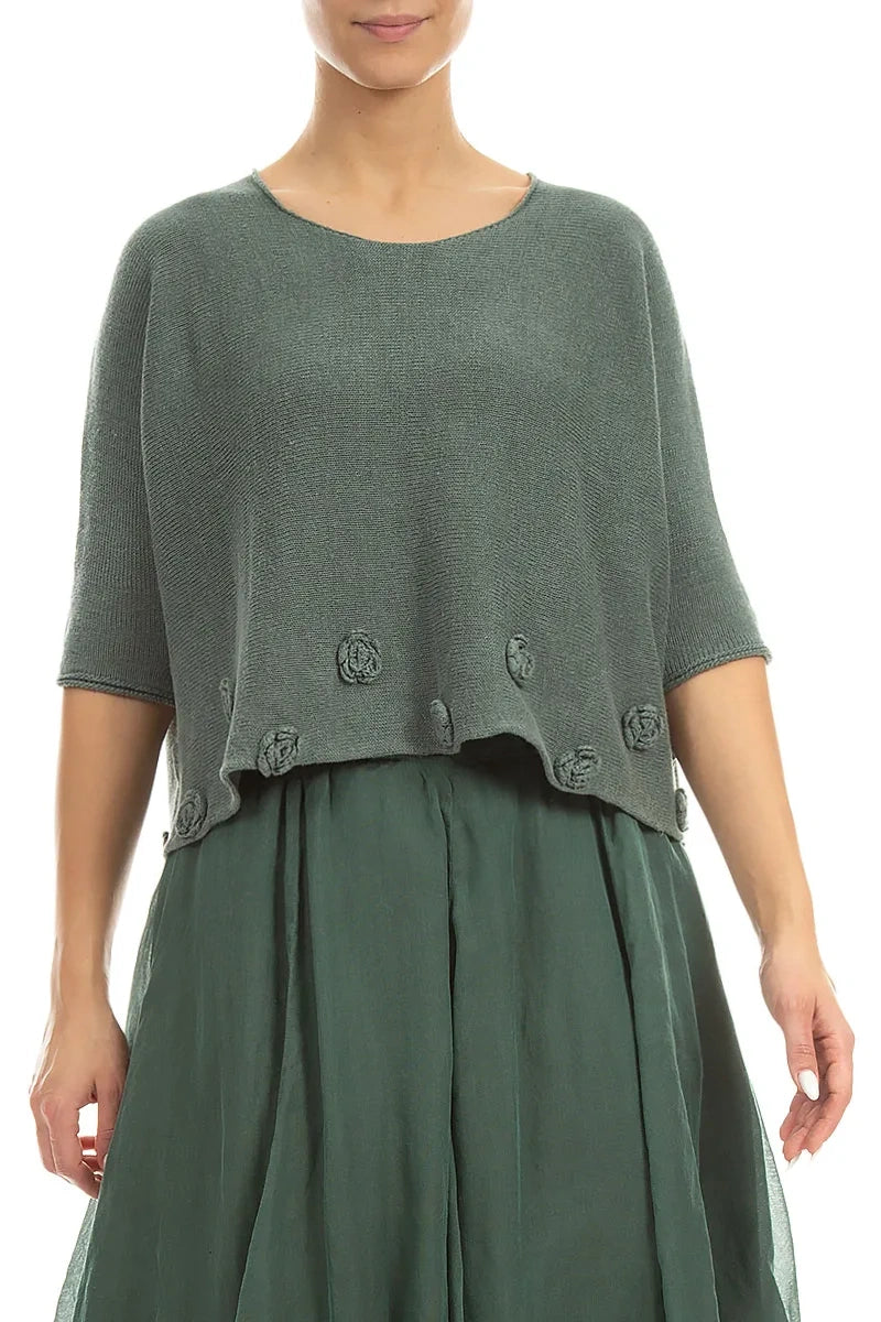Pull en lin sauge décoré de fleurs