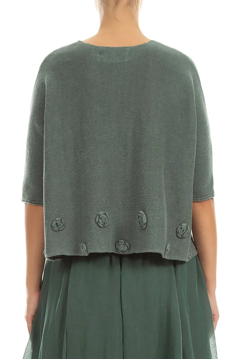 Pull en lin sauge décoré de fleurs