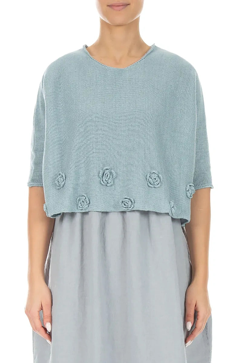 Flowers Decorated Sky Blue Linen Jumper 1