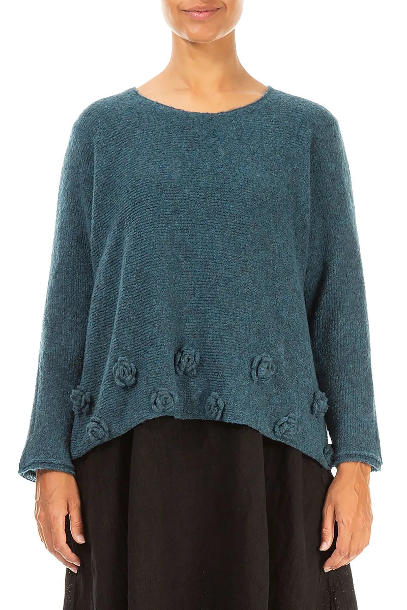 Flowers Teal Wool Sweater