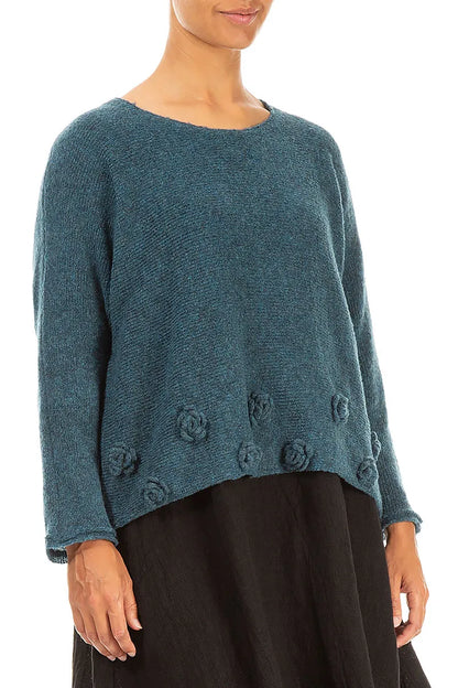 Flowers Teal Wool Sweater 3