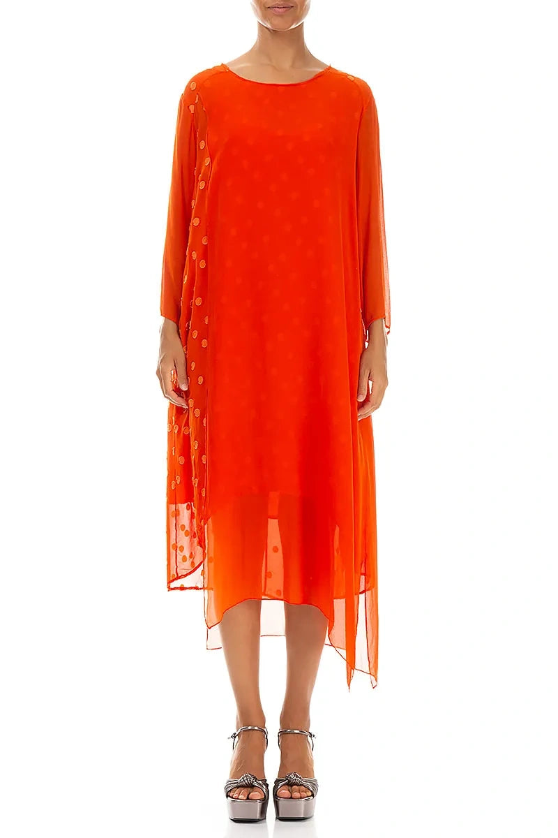 Flowing Dotty Flame Orange Silk Dress 1