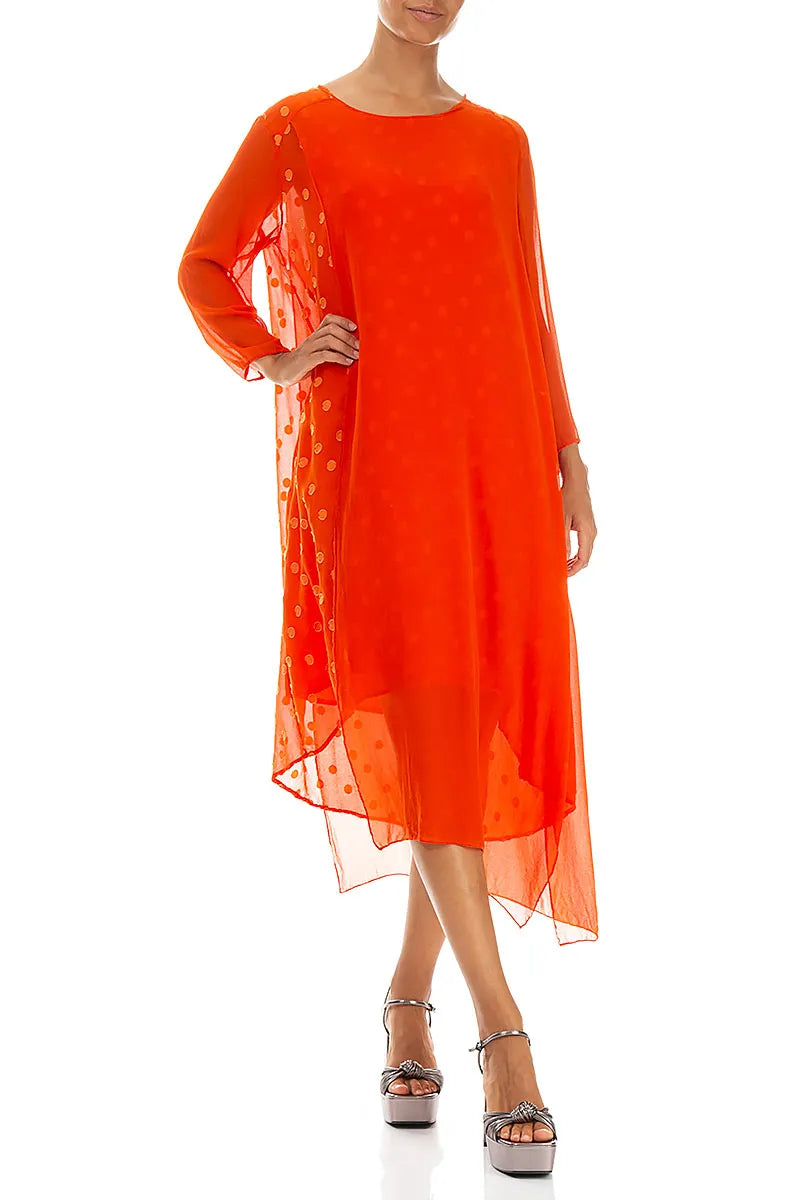 Flowing Dotty Flame Orange Silk Dress 4