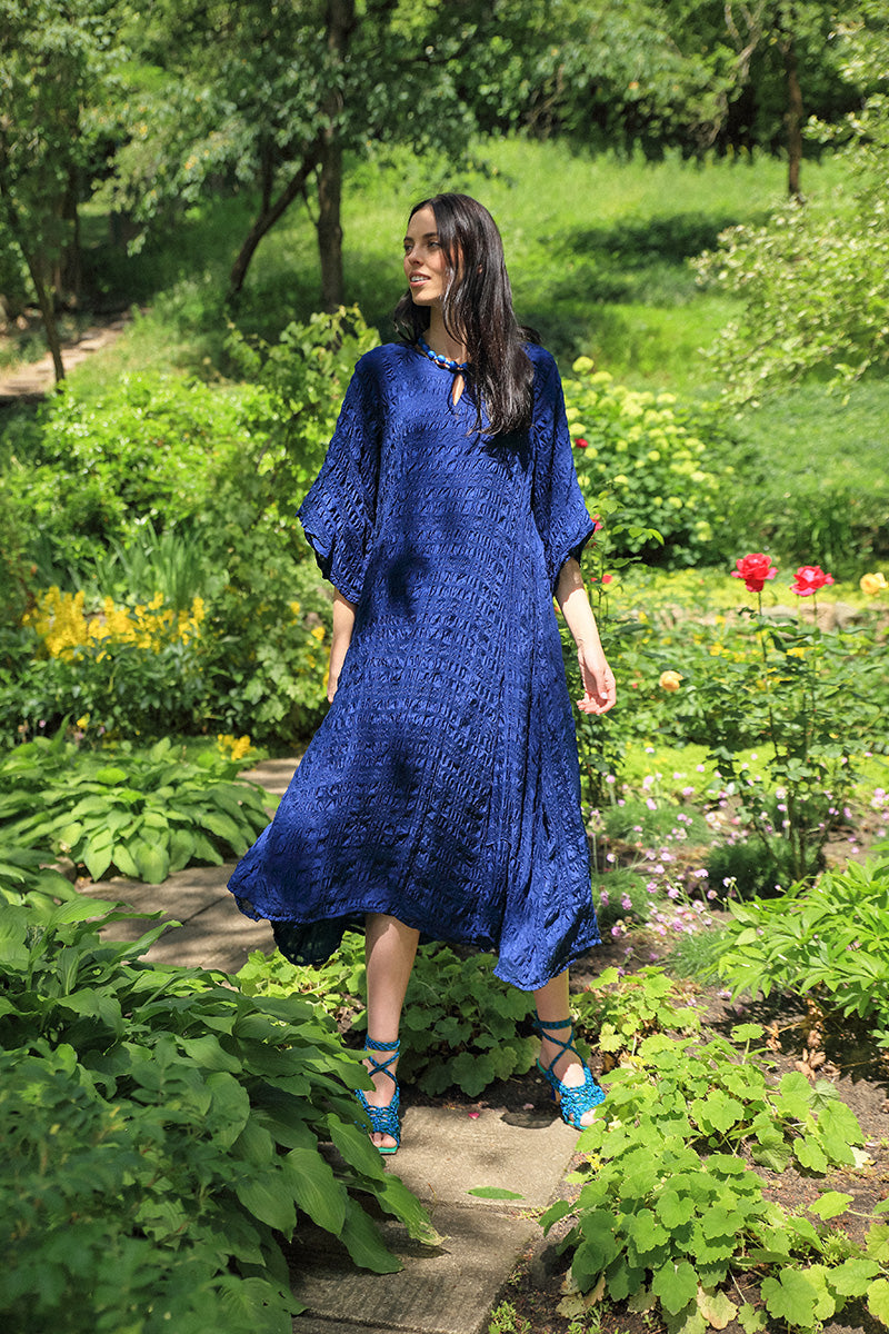 Flowing Navy Layered Silk Dress L