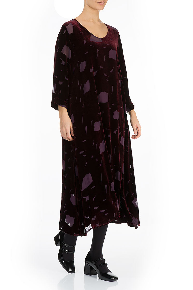 Flowy Abstract Devoré Wine Silk Velvet Midi Dress