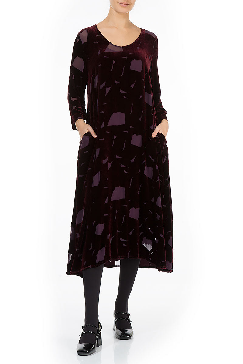 Flowy Abstract Devoré Wine Silk Velvet Midi Dress