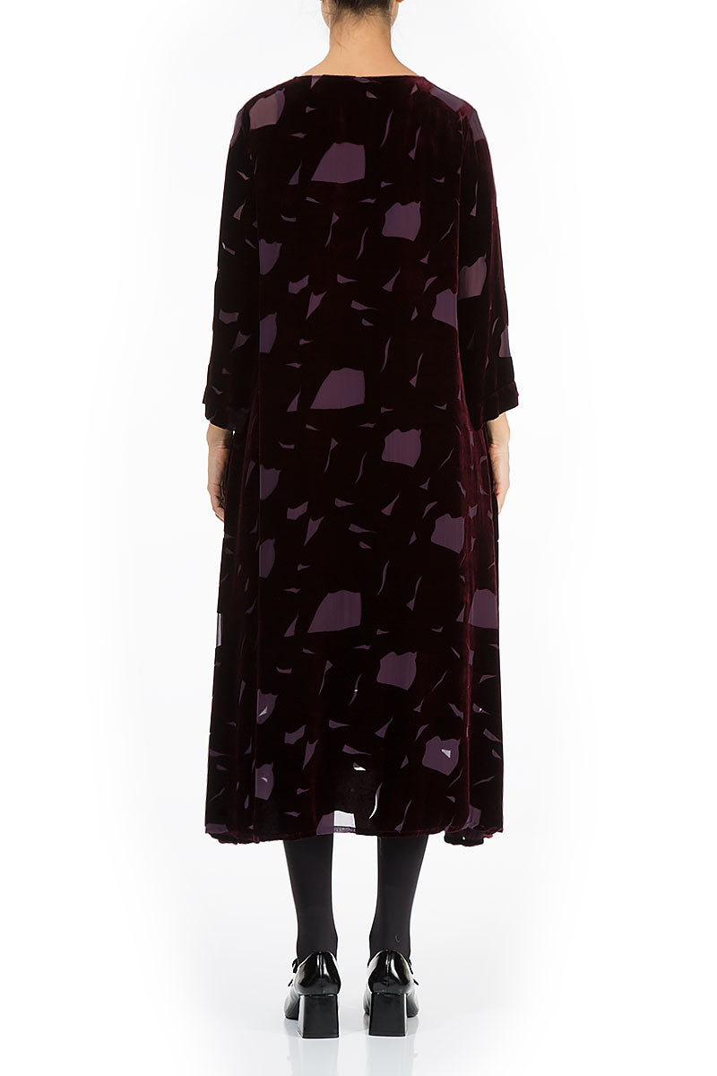 Flowy Abstract Devoré Wine Silk Velvet Midi Dress