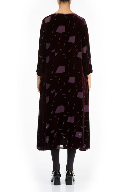 Flowy Abstract Devoré Wine Silk Velvet Midi Dress