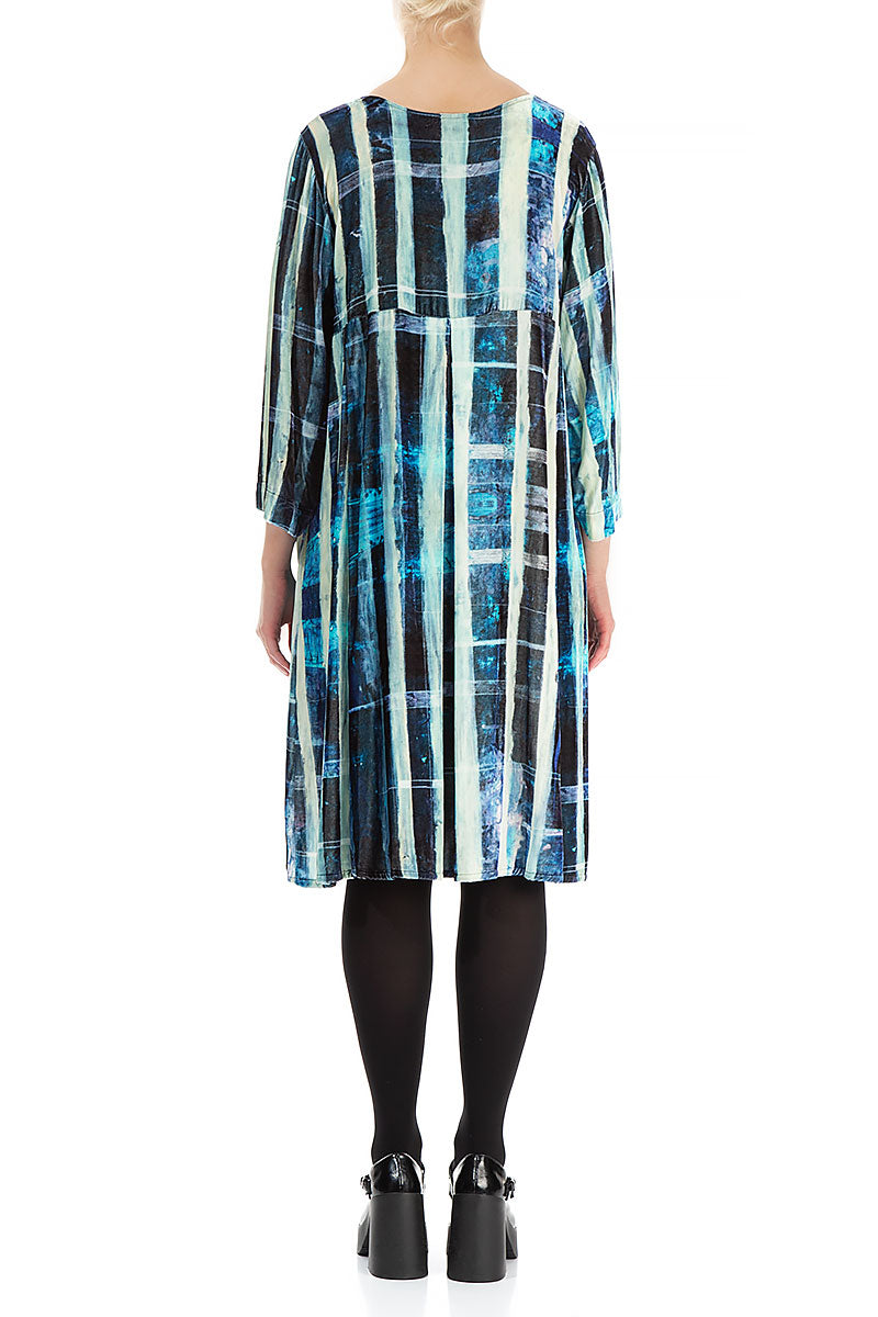 Flowy Blue Lines Stretchy Silk Velvet Dress
