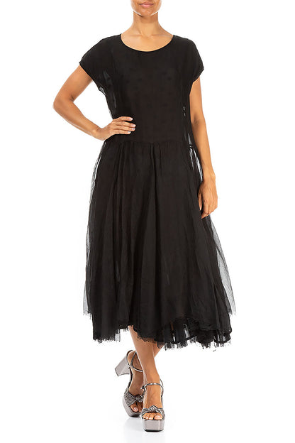 Flowy Dotty Black Silk Chiffon Dress