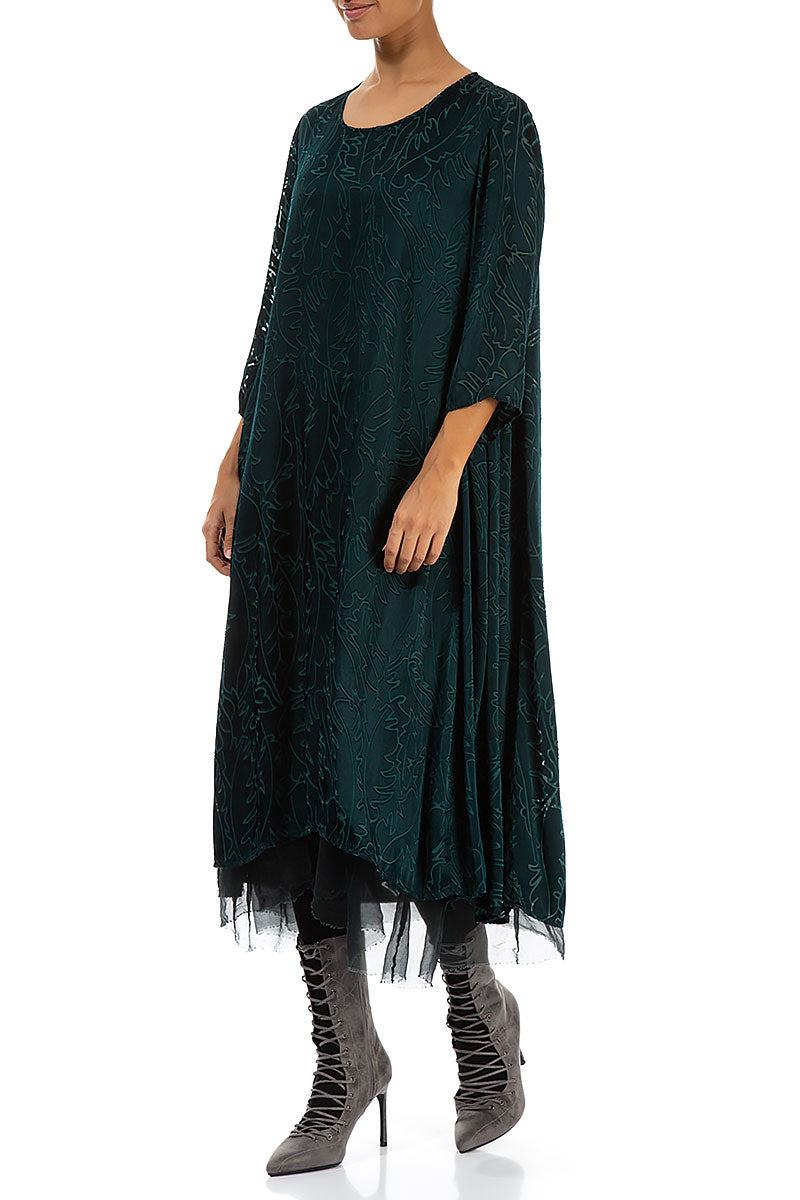 Flowy Hem Emerald Devoré Feather Silk Dress