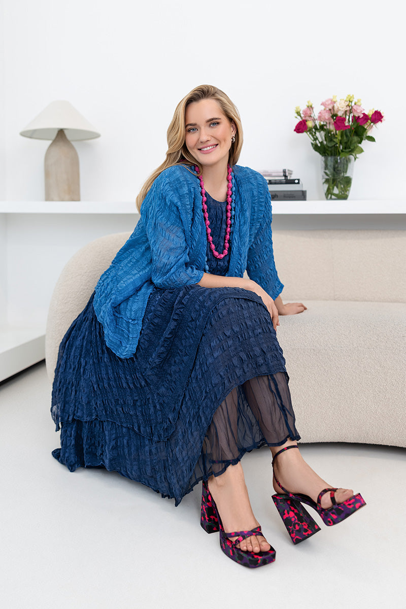 Flowy Layered Navy Light Silk Dress XL