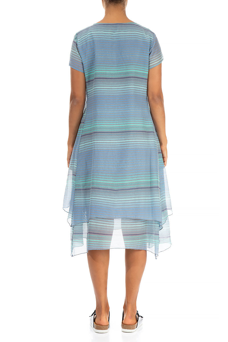 Flowy Layered Stripy Blue Silk Cotton Dress
